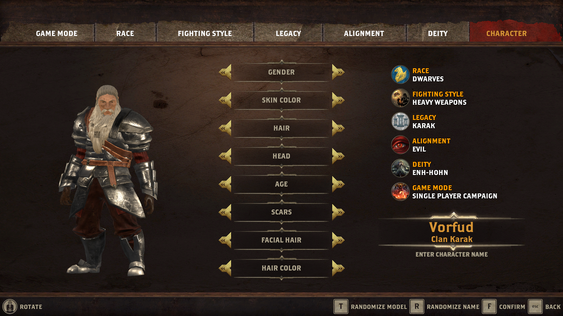 Tela de customização da aparência do personagem em Alaloth Champions of the Four Kingdoms